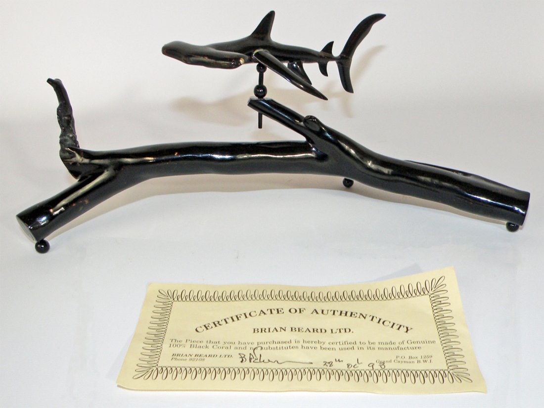 BLACK CORAL CARVING FROM BRIAN BEARD LTD.: Hand carved hammer head shark signed Carey. Comes with Certificate. 13" l x 5 1/4" t