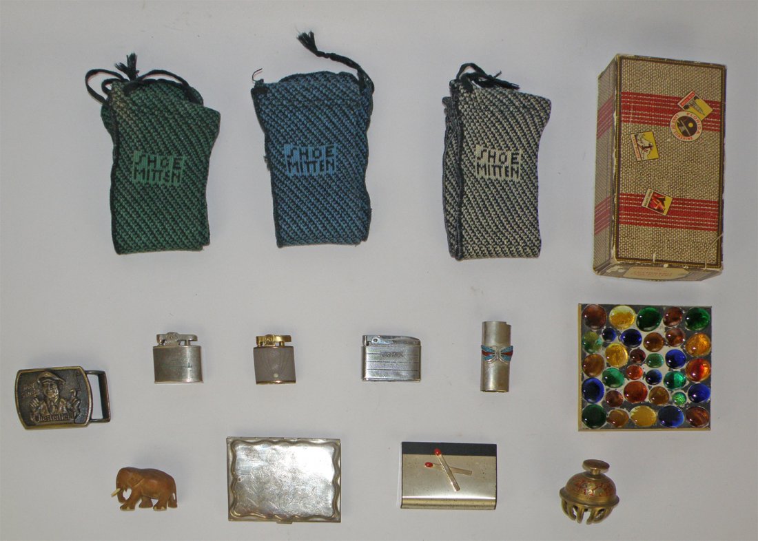 LOT OF INTERESTING ITEMS: Miscellaneous lot includes unused Wadsworth compact, lighters, cigarette case, brass bell, unused box of shoe mittens, etc. Varies