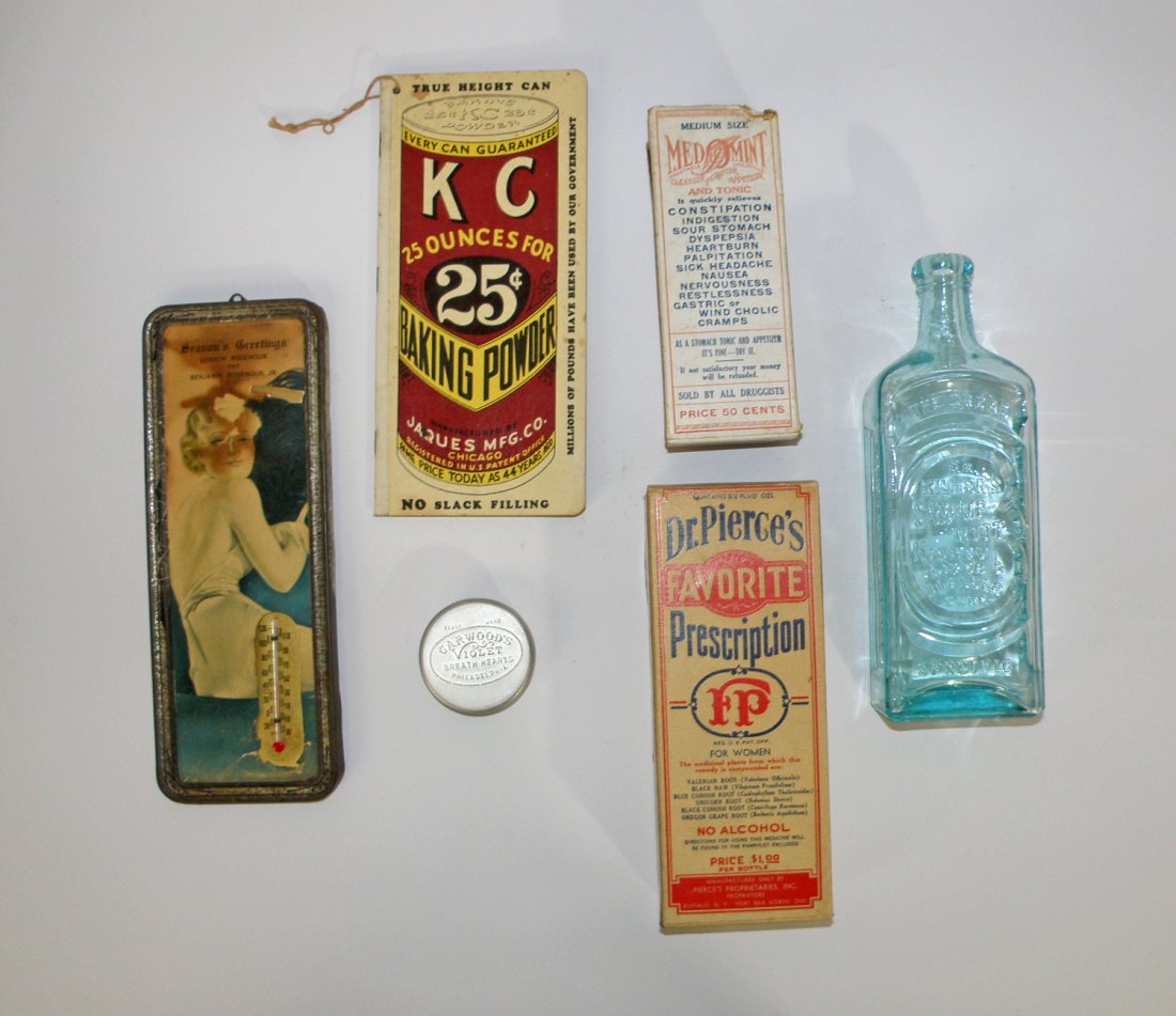 PATENT MEDICINES ETC.: Patent medicines, thermometer, booklet, etc. Varies