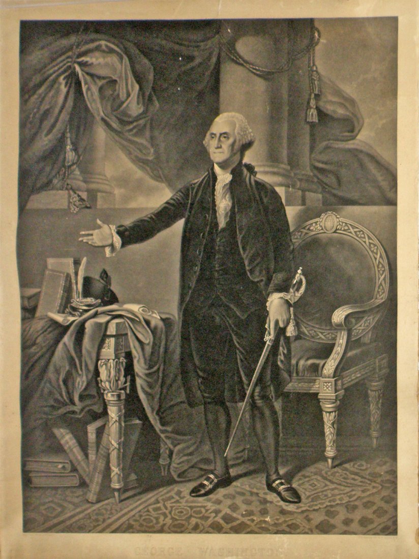GEORGE WASHINGTON STEEL ENGRAVING: Engraved by H S Sadd, printed by J. Neale. Original by Gilbert Stuart. Surface wear, staining. 29" x 22 1/2"