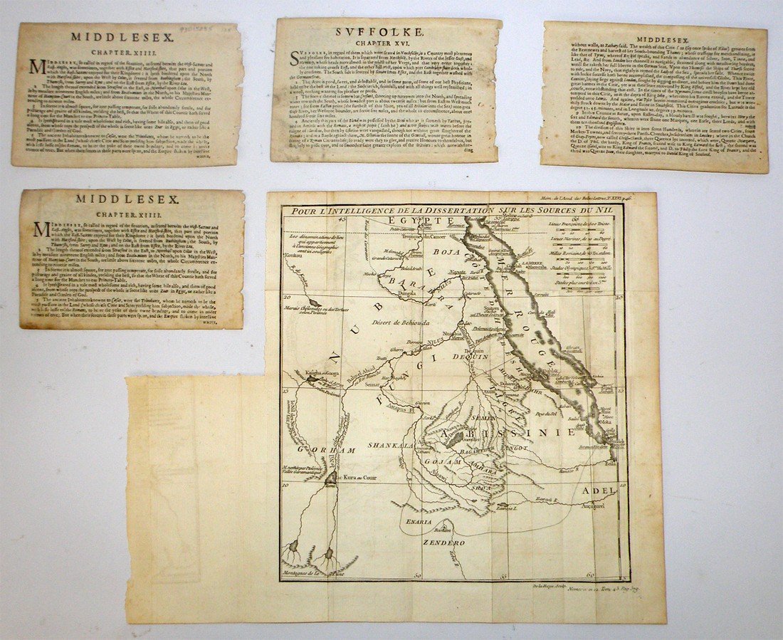 SMALL GROUP OF ANTIQUE MAPS: 17th and 18th Century undated maps include four small 17th Century maps of England and a 17th or 18th Century map of North Africa. Interesting grouping. Largest is 10 1/2" x 11"