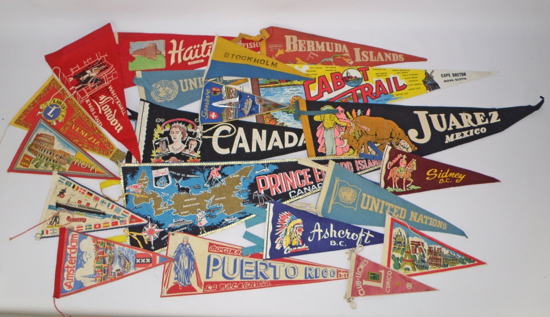 LOT OF TWENTY-ONE FELT & CLOTH PENNANTS: Mostly international, various countries. None are from United States. Varies
