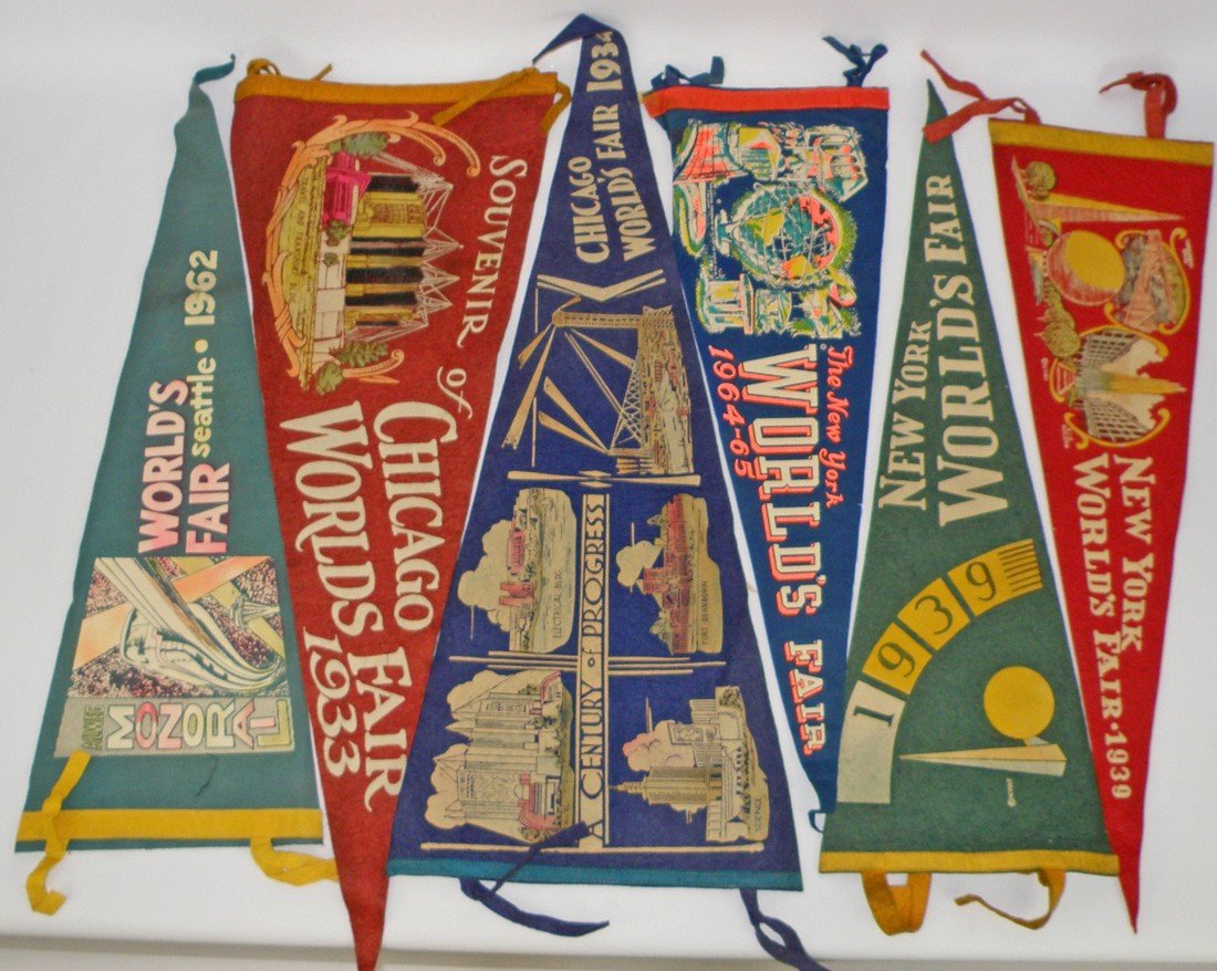 LOT OF SIX WORLD'S FAIR PENNANTS: Includes two from 1933, two from 1939, 1962, & 1964. Varies