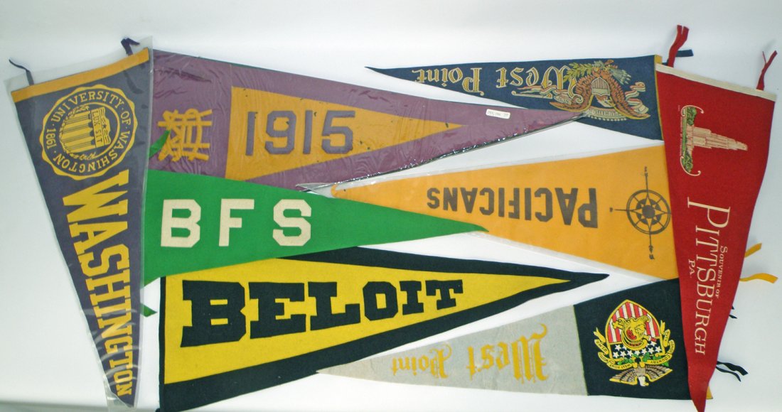 LOT OF EIGHT MISCELLANEOUS PENNANTS: Includes West Point, University of Washington, etc. One pennant dated 1915. Varies