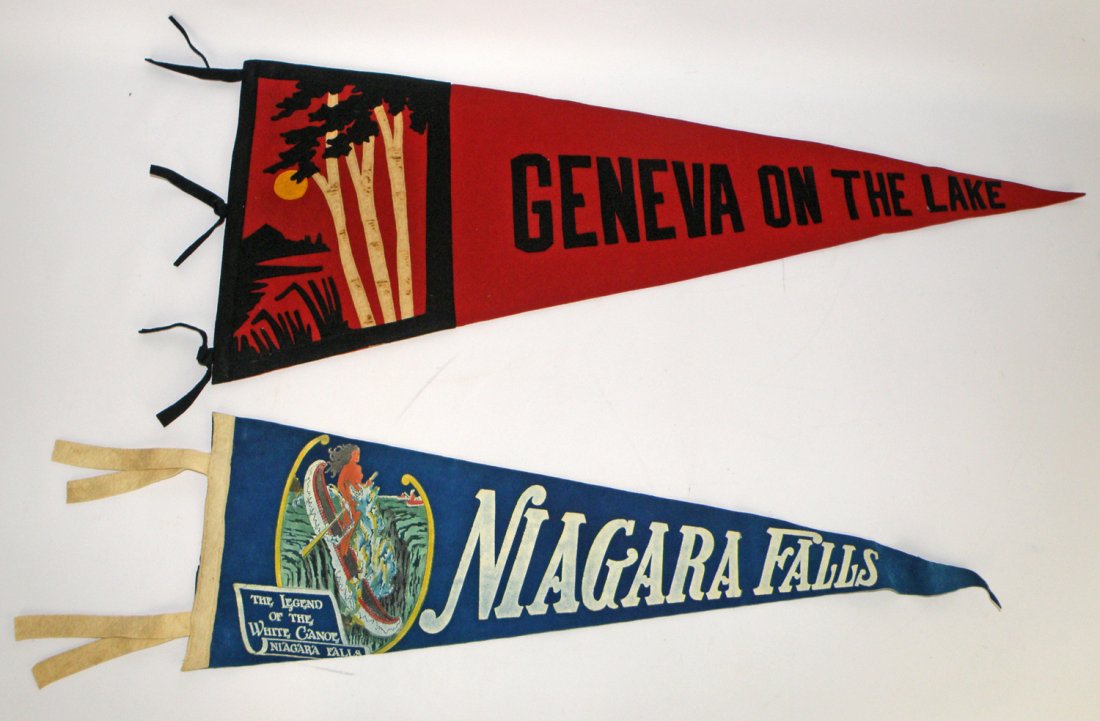 TWO EARLY PENNANTS: Includes a suede pennant from Niagara Falls with a nude going over the falls. Has beautiful coloring Also includes a large Geneva On The Lake pennant. Largest is 33" long
