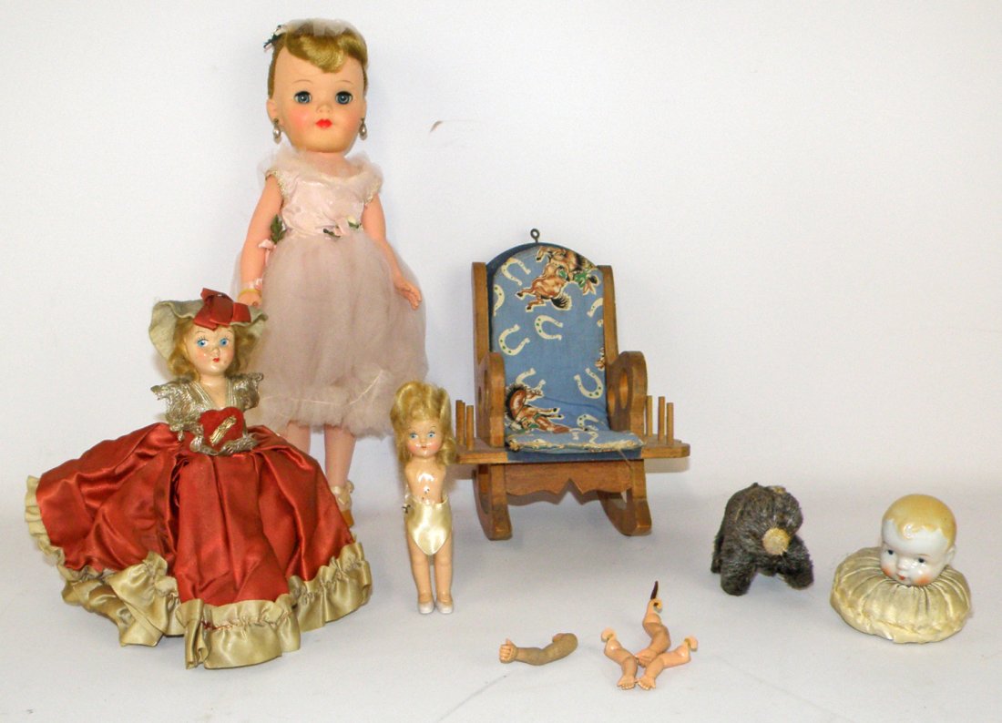 DOLL LOT: Includes sewing accessories, Effanbee Little Lady doll with tag, etc. Largest is 14 1/2" tall
