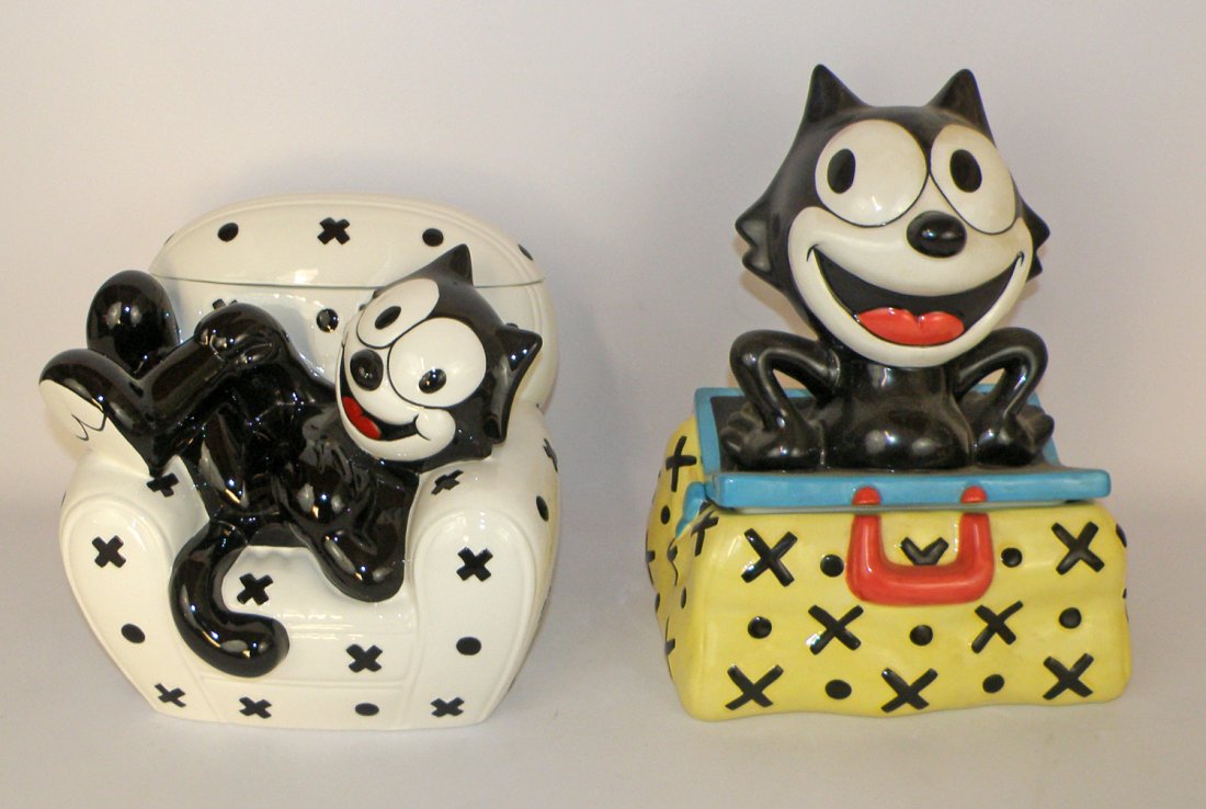 TWO BOXED FELIX THE CAT COOKIE JARS: Made by Clay Art. Largest is 14" tall