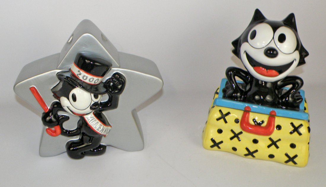 TWO BOXED FELIX THE CAT COOKIE JARS: Made by Clay Art. Largest is 16" tall