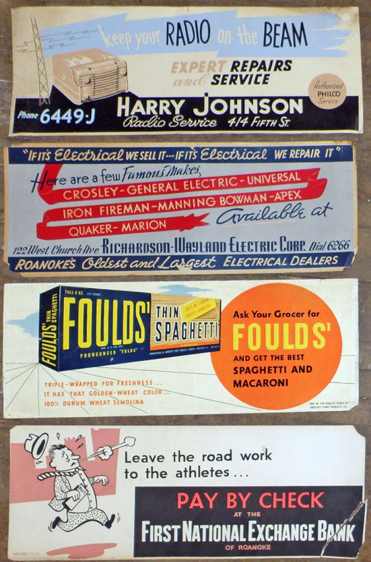 LOT OF FOUR BUS CARDS: Advertising various products including radio service. Edge wear. All from Roanoke Virginia. 11' x 28"