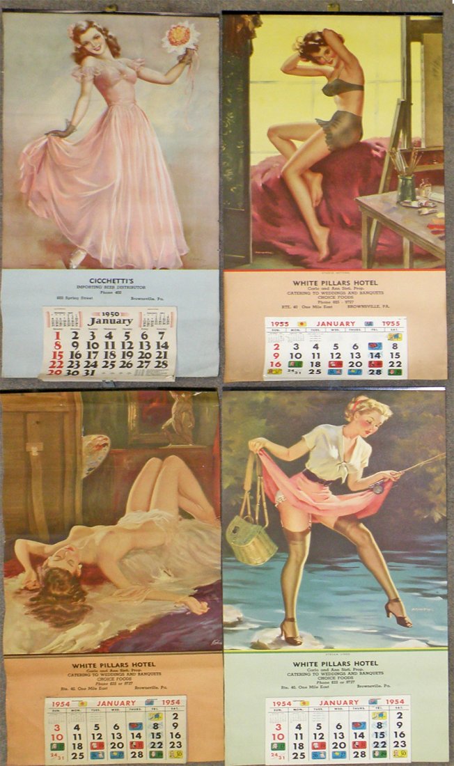 FOUR 1950'S PIN-UP CALENDARS: Three are for White Pillars Hotel in Brownsville, PA. One is for Cicchetti's Beer Distributor also in Brownsville, PA. All retain original pads. Some edge wear and aging. 20" tall x10" wide