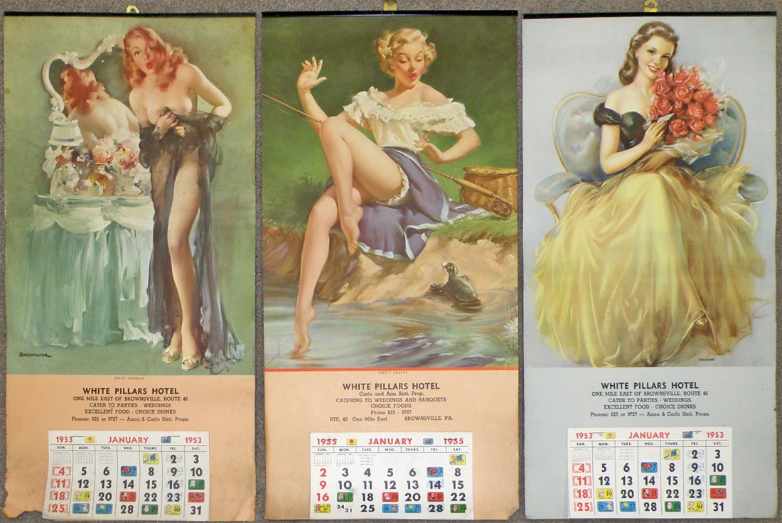 THREE 1950's PIN-UP CALENDARS: All for White Pillars Hotel in Brownsville, PA. All retain full pads. Some edge wear and aging. 20" tall x 10" wide