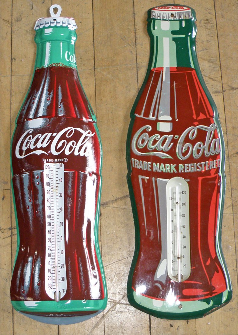 TWO COCA-COLA THERMOMETERS: Embossed tin. Retain original sticks. largest 17" tall
