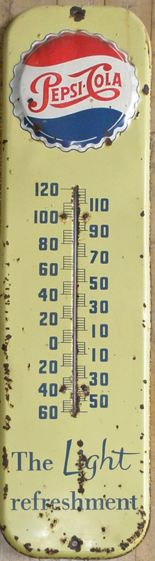 PEPSI THERMOMETER: Embossed bottle cap. Overall spotting and wear. Retains original stick. 27" tall