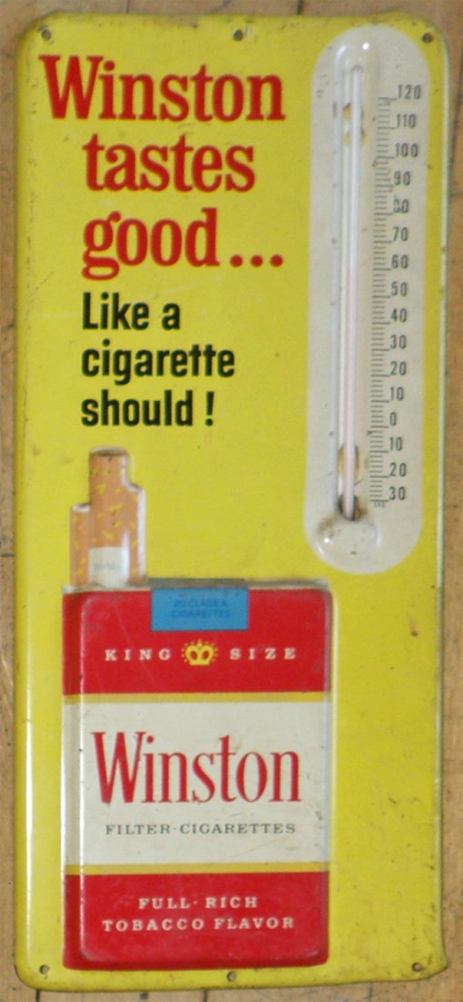 EMBOSSED TIN WINSTON THERMOMETER: Light surface wear. 15 1/2"