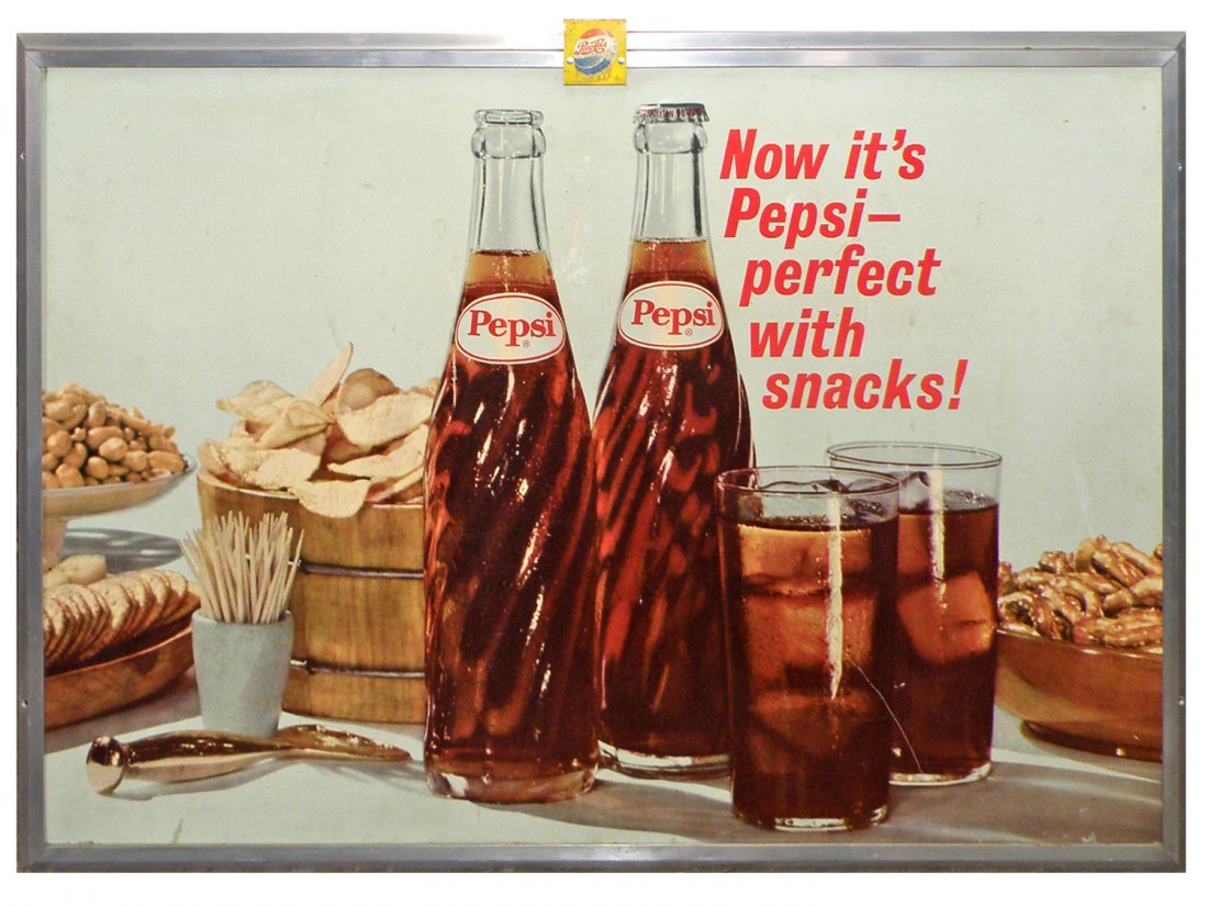 PEPSI COLA SIGN: Original frame and has original aluminum bottle cap tab at top. Light surface rubs. 38 3/8" wide x 27" tall