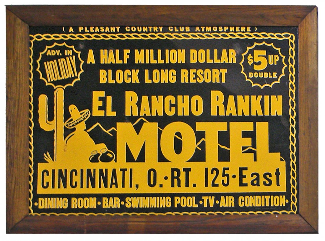 EL RANCHO RANKIN MOTEL SIGN: Textured finish on black tin from Cincinnati, Ohio made by Active Display Advertising. One spot of roughness by the R at the top. 31 1/4" x 23 1/4"
