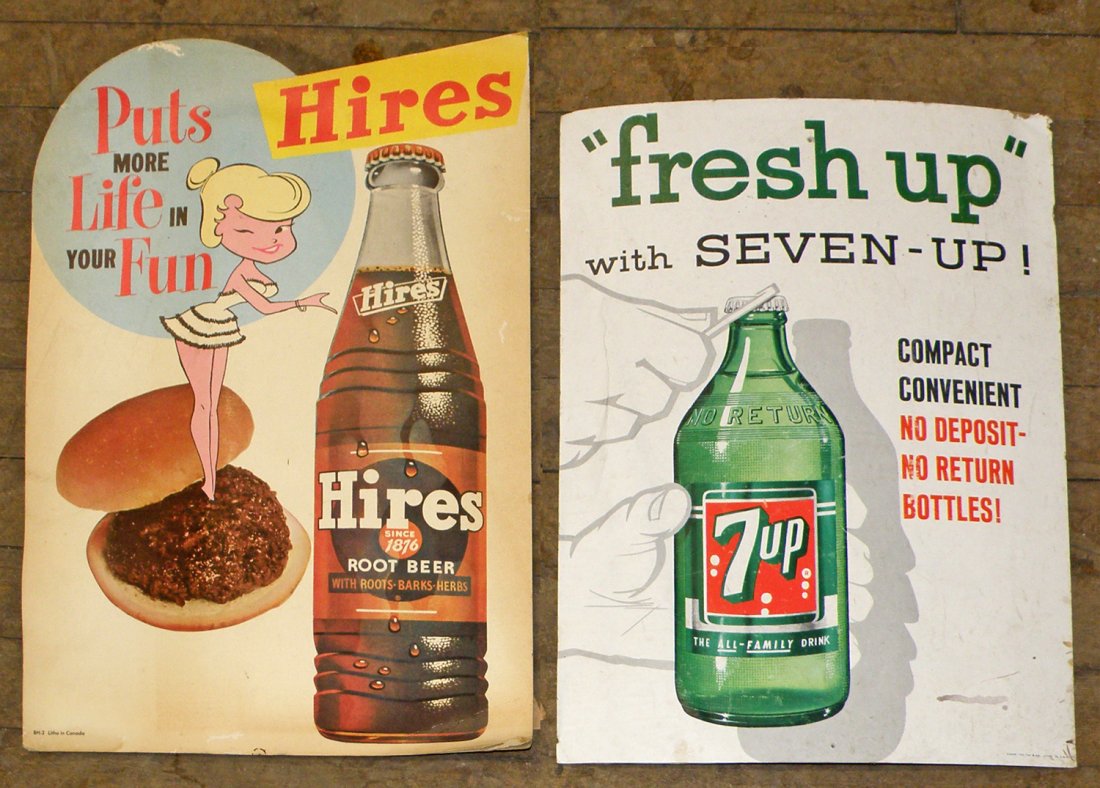 HIRES ROOT BEER AND SEVEN UP SIGNS: Easel back counter top standees. Some surface wear. largest 18" tall x 12" wide