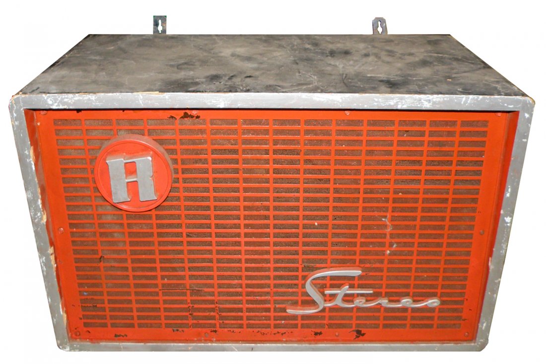 ROCK-OLA WALL SPEAKER: Some wear to case. 27" wide x 16 3/4" tall and 12 1/4" deep