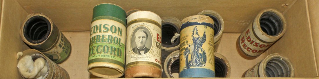 BOX OF EDISON AND COLUMBIA CYLINDER RECORDS: Gold Molded and Amberol. Total of 16 in box. 4 5/8" long