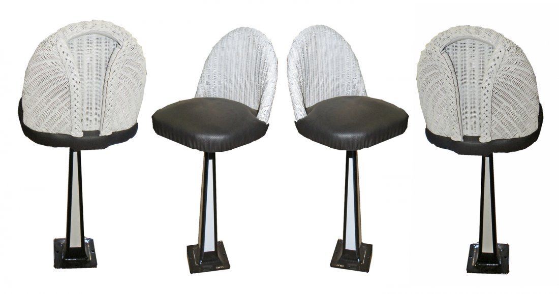 SET OF FOUR WICKER AND IRON ICE CREAM PARLOR STOOLS: Restored. 36 1/2" tall