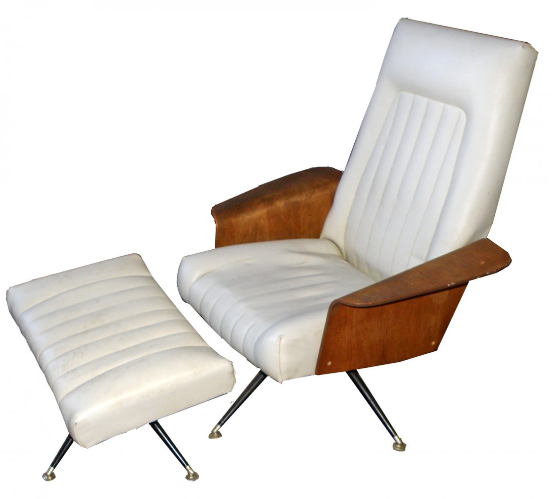 PLYCRAFT HERMAN MILLER STYLE CHAIR AND OTTOMAN: Bent wood chair with original vinyl upholstery. Minor wear. 42" tall x 34" wide x 31" deep