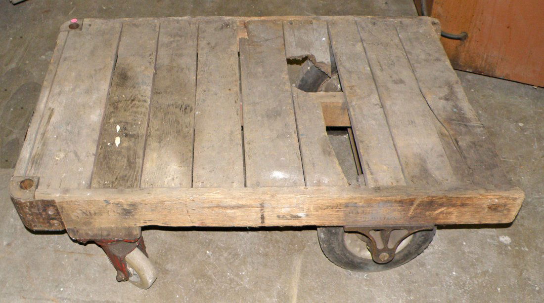 WOOD AND IRON BAGGAGE CART: Shows wear and damage. 48" x 30"