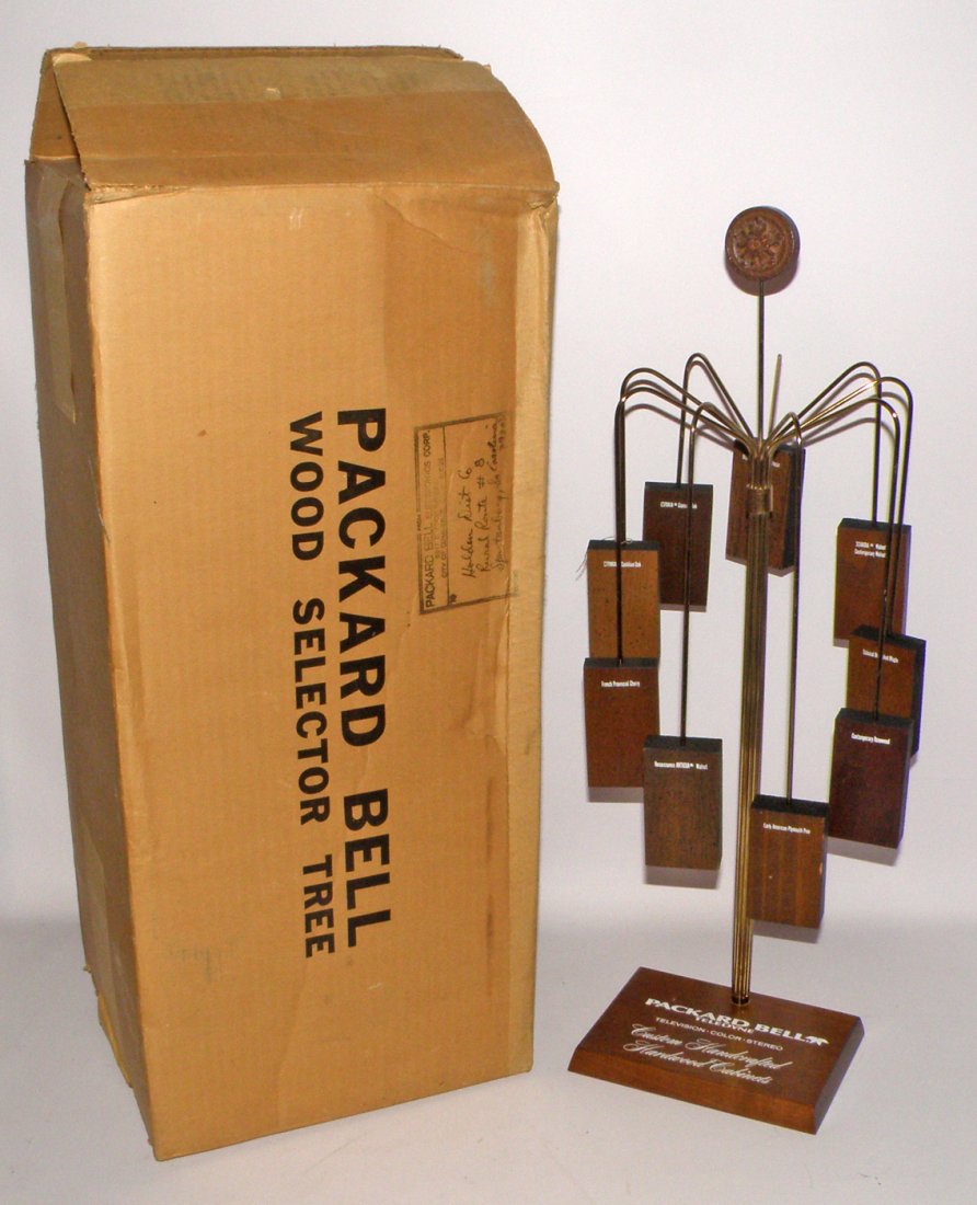 PACKARD BELL WOOD GRAIN SELECTOR TREE: Boxed television cabinet wood grains display. 25 1/2" tall