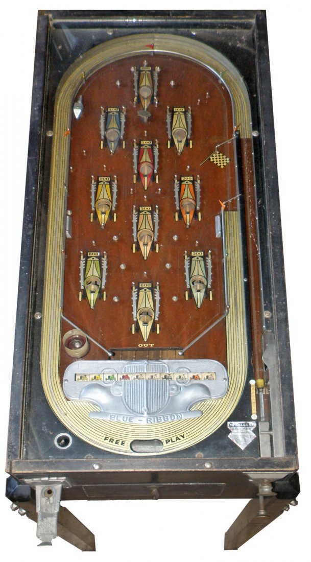 BLUE RIBBON BLUE BIRD PINBALL MACHINE: Coin operated. Complete machine with original legs. Has lightest wear to playing surface. Wonderful automotive related game. 42" long x 28" wide x 43" tall