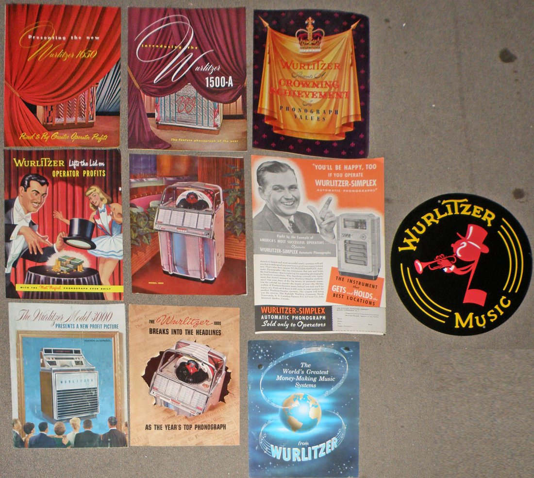 GROUP OF WURLITZER JUKEBOX LITERATURE: Nine dealer brochures and flyers. Comes with embossed tin sign. largest 14" long
