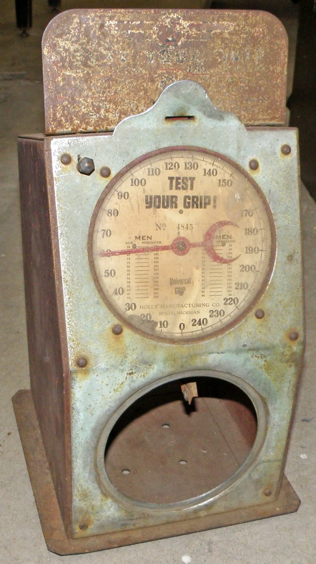 COIN OPERATED GRIP TESTER BY HOLLY MANUFACTURING: Incomplete. For parts. 16" tall