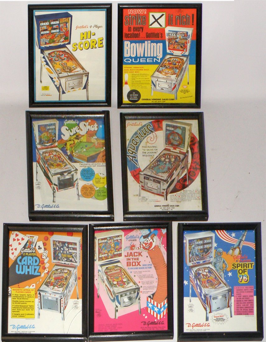 SEVEN GOTTLIEB PROMOTIONAL FLYERS: Framed, various pinballs inc.; Jack in the Box, Aquarius, etc. Margets 13" x 10"