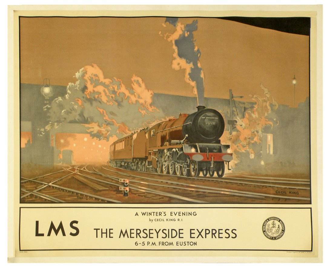 LONDON, MIDLAND, & SCOTTISH RAILWAY POSTER: Linen mounted poster printed by Beery Ltd. Artwork by Cecil King with an image of the Merseyside Express from Houston Station. 52" x 42"