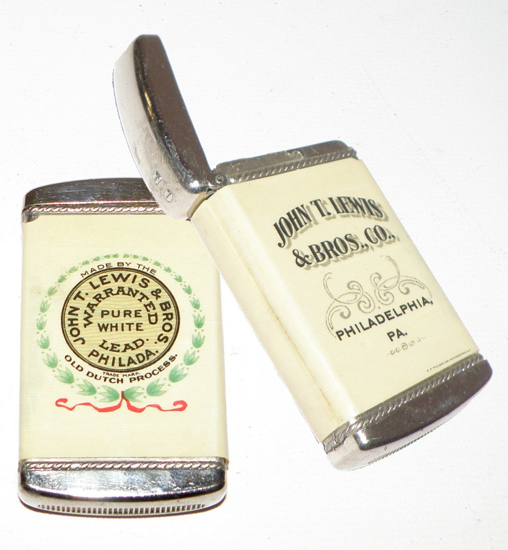 JOHN T. LEWIS & BROS. ADVERTISING MATCH SAFE: The company was a Phil based lead works. Made by Pulver Company. 2 3/4" long