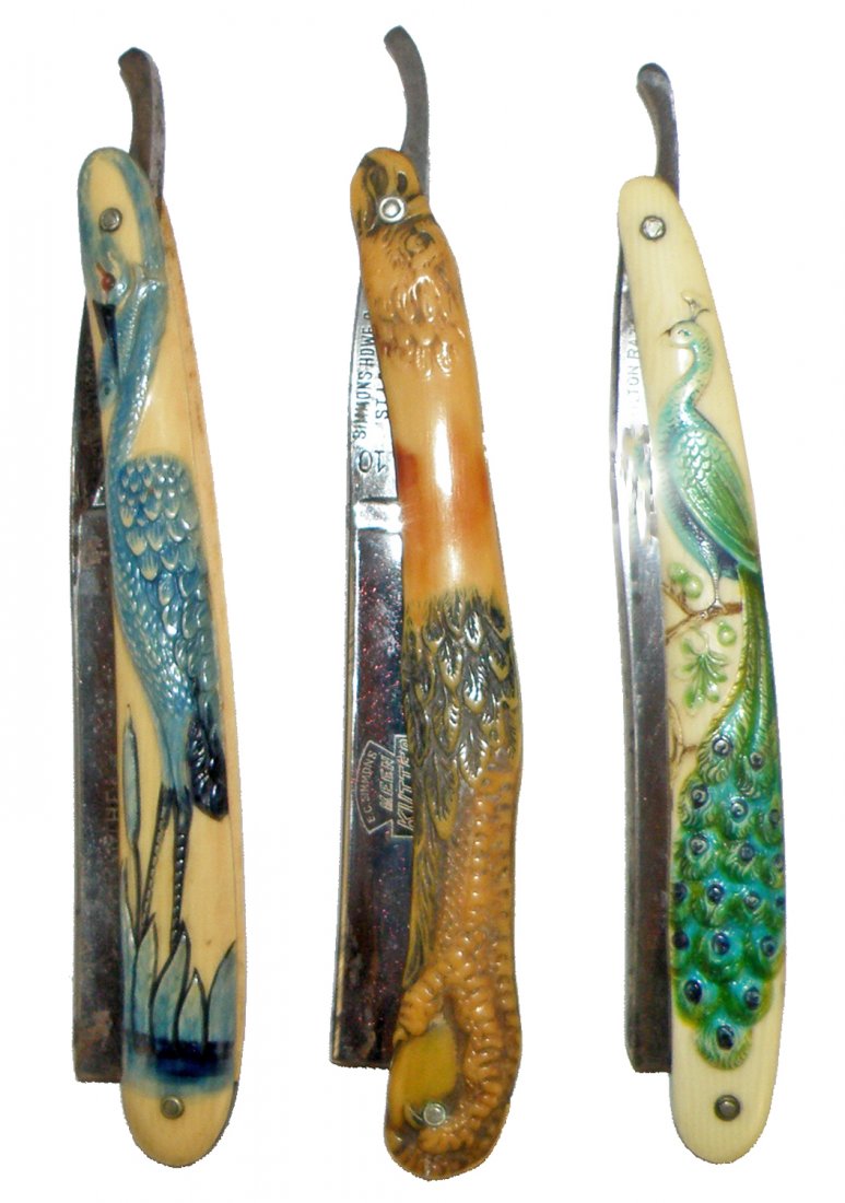 THREE FIGURAL STRAIGHT RAZORS WITH BIRDS: Includes a Peacock from Hamilton Razor Company, a Blue Heron from Hamilton Razor Company, and an Eagle from Simmons Keen Kutter. 6" long