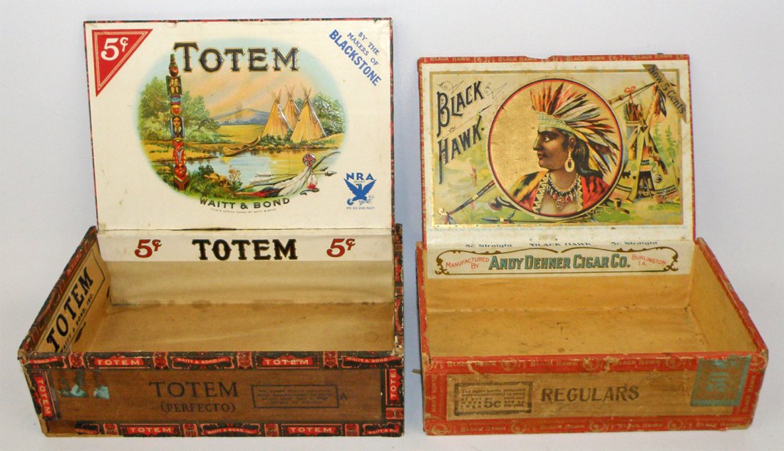 TWO INDIAN RELATED CIGAR BOXES: One for Totem and one for Black Hawk. Both show some aging and wear. largest 9" x 5 1/2"