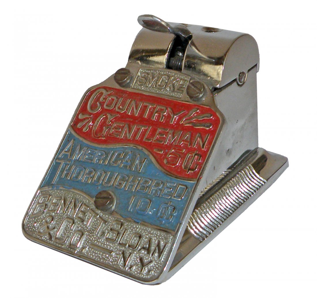 COUNTERTOP CIGAR CLIPPER: Advertising cigar clipper by Brunhoff. Features advertising for Country Gentleman and American Thoroughbred Cigars. Used at Bennett, Sloan & Co. stores, NY. Minor surface wear. 4 1/2" long x 3 1/2" ta
