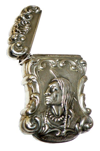 SCARE STERLING SILVER INDIAN MATCH SAFE: Manufactured by Gilbert. Beautifully rendered images of Plains Indian Brave. . 07oz2 1/2" x 1 5/8"