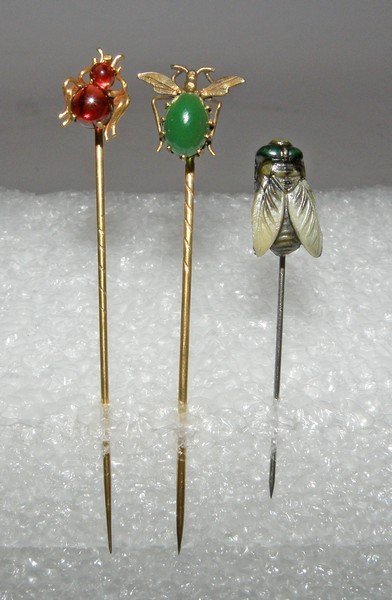 THREE ANTIQUE VICTORIAN STICK PINS OF INSECTS: Includes a spider, a beetle, and a celluloid fly. None are marked. Cabochon stones untested. Varies