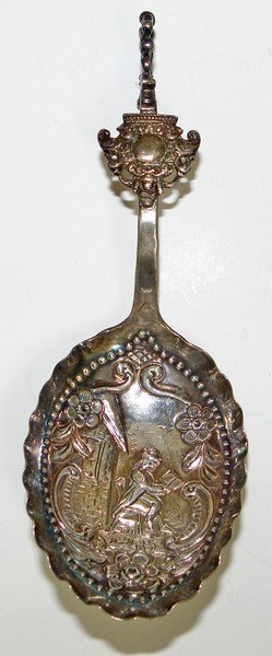 STERLING SILVER MONKEY SPOON: Funeral spoon with a Monkey finial. Has Sterling Dutch Export hallmark. Weighs 1. 2 oz. 6 1/4" long