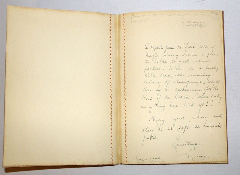 ROBINSON JEFFERS, DESCENT TO THE DEAD: 1931 book of English and Irish poetry. 252/500, signed by the author. Has hand written, May 1940 letter from Murray H? to Wilson Knight (The English Literary Critic, presumably this copy belonged to K