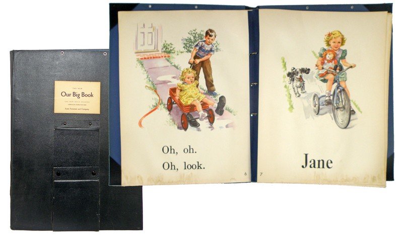 OUR BIG BOOK DICK & JANE CLASSROOM READER: Published by Scott, Foresman and Company. Copyright 1951. Compete large format reader. Has easel backs to covers. Some toning and light staining to some pages. 25 1/2" x 19"