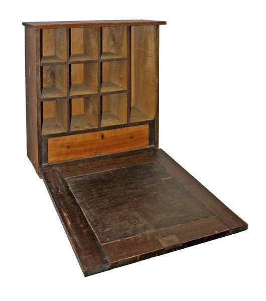 19TH CENTURY MILITARY CAMPAIGN DESK: Pine construction. Back and drawer bottom are hand chamfered. Shows age and use wear. 24 1/2" tall x 23 1/4" wide x 11 1/4" deep