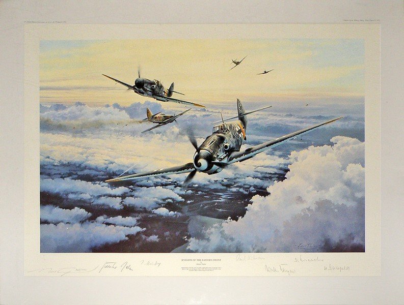 KNIGHTS OF THE EASTERN FRONT AUTOGRAPHED PRINT: Artwork by Robert Taylor, #823/1250. Limited Edition signed by six top-scoring JG-52 combat Aces, Erich Hartmann - Dieter Hrabak - Walter Krupinski - Günther Rall - Herbert Ihlefeld - Johannes Steinh