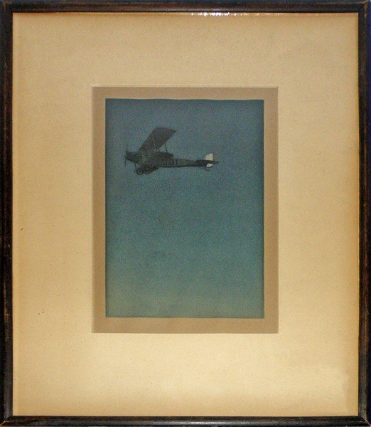 THE BIRDMAN AQUATINT - JOHN TAYLOR ARMS: 1919 aquatint etching by noted artist and print maker John Taylor Arms, American 1887-1953. Signed and dated 1919 18/50. Depicts a WWI bi-plane in flight. Provenance Bonhams. Sight 8 1/2" x 5 3/4"14 3