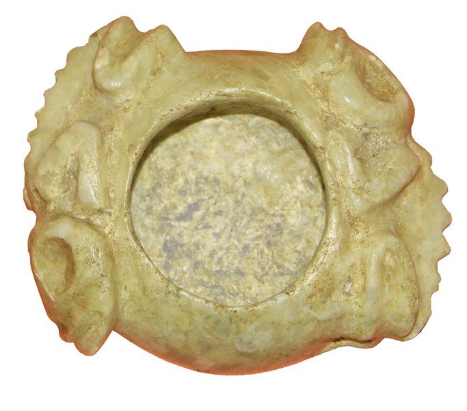 SMALL PRE-COLUMBIAN ALABASTER BOWL: Has two carved tree frogs. Light wear and surface soiling. 3" wide x 1 3/4" tall