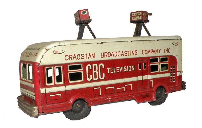 CBC TELEVISION TRUCK: Red body friction truck with light wear except right side of roof has paint loss. Missing hubcaps. Made by Asahitoy. 6 1/4" long