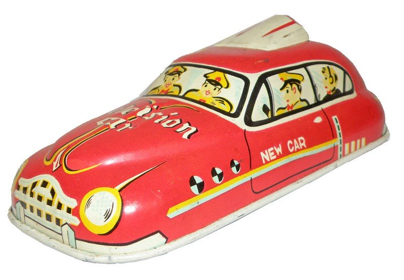 JAPANESE FRICTION TELEVISION CAR: Unmarked but probably by Masudaya. Needs new flint mechanism. Minor play wear. 6 1/2" long