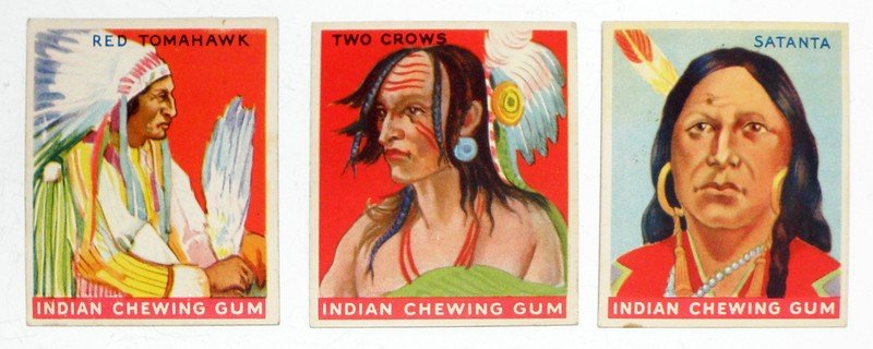 THREE GOUDEY INDIAN CHEWING GUM TRADE CARDS: No. 45 Santna and No. 48 Red Tomahawk, and No. 141 Two Crows. No. 141 has some scuffing to reverse. Minor wear. 2 7/8" x 2 5/8"