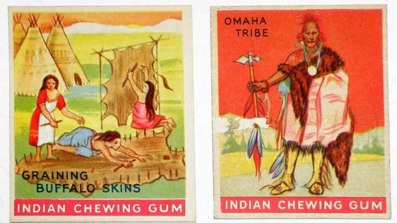 TWO GOUDEY INDIAN CHEWING GUM TRADE CARDS: No. 16 Chief of the Omaha Tribe and No. 98 Graining the Buffalo Skin. No. 98 has small crease. 2 7/8" x 2 5/8"
