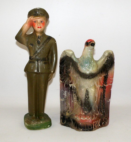 TWO WW11 ERA CARNIVAL CHALK FIGURES: Saluting solder and an eagle that says, " US Victory". Very minor wear. largest 14 3/4"